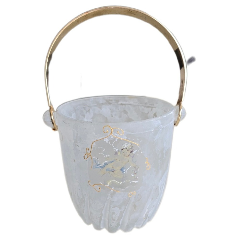 Vintage Silvestri Arte Murano glass Frosted Glass Ice Bucket Gold Handle  5in